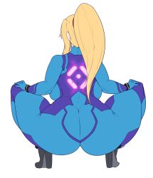 Rule 34 | 1girl, ass, backboob, blonde hair, bodysuit, breasts, from behind, heels, highres, huge ass, large breasts, metroid, nintendo, okioppai, ponytail, samus aran, signature, skin tight, solo, squatting, thick thighs, thighs, white background, wide hips, zero suit