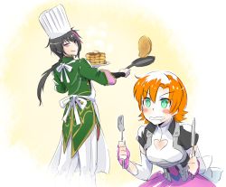Rule 34 | 1boy, 1girl, apron, black hair, blue eyes, chef hat, commentary request, drooling, flipping food, food, fork, frying pan, hat, iesupa, knife, lie ren, nora valkyrie, one-hour drawing challenge, orange hair, pancake, rwby, smile