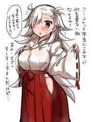 Rule 34 | 1girl, :o, ahoge, blush, braid, breasts, brown eyes, embarrassed, fate/grand order, fate (series), hakama, hakama skirt, hip vent, japanese clothes, large breasts, long hair, looking at viewer, miko, no bra, no panties, ohitashi netsurou, olga marie animusphere, open mouth, red hakama, side braid, silver hair, skirt, solo, sweatdrop, translation request