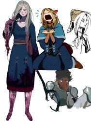 Rule 34 | 1boy, 1girl, ambrosia (dungeon meshi), armor, black hair, blonde hair, blood, blood in hair, blood on clothes, blood on leg, blue dress, closed eyes, commentary, dark-skinned male, dark skin, dress, dungeon meshi, elf, english commentary, flying teardrops, green eyes, grey eyes, hair down, hair over one eye, hand on own chin, highres, holding, holding staff, kabru, kneeling, long hair, long sleeves, marcille donato, multiple views, mutie (timestables), open mouth, pointy ears, short hair, simple background, staff, standing, white background