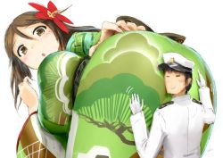 Rule 34 | 10s, 1boy, 1girl, = =, admiral (kancolle), amagi (kancolle), ass, black hair, blush, breasts, brown eyes, brown hair, camouflage, ebizome, flower, giant, giantess, gloves, green kimono, hair flower, hair ornament, hat, jacket, japanese clothes, kantai collection, kimono, large breasts, long hair, looking at another, looking back, military, military uniform, mole, mole under eye, naval uniform, open mouth, short hair, simple background, size difference, smile, twisted torso, uniform, white background, white gloves, white hat, white jacket, wide sleeves