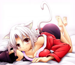 Rule 34 | 1girl, :3, animal ears, bare shoulders, barefoot, breast press, breasts, cat ears, cat girl, cat tail, cleavage, feet, female focus, gradient background, kemonomimi mode, long hair, looking at viewer, lying, medium breasts, no headwear, off shoulder, on stomach, smile, solo, tail, the pose, touhou, white background, yagokoro eirin, yanmarson
