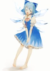 Rule 34 | 1girl, bare legs, blue bow, blue dress, blue eyes, blue hair, blush, bow, cirno, collared shirt, dress, dress tug, frilled dress, frills, full body, hair between eyes, hair bow, highres, ice, ice wings, kagari (kgr 000), leaning to the side, looking to the side, neck ribbon, open mouth, puffy short sleeves, puffy sleeves, red ribbon, ribbon, shirt, short hair, short sleeves, sidelocks, simple background, solo, standing, standing on one leg, touhou, white background, white shirt, wing collar, wings