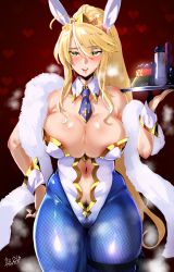 Rule 34 | 1girl, absurdres, ahoge, animal ears, areola slip, artoria pendragon (all), artoria pendragon (fate), artoria pendragon (swimsuit ruler) (fate), bad id, bad pixiv id, bare shoulders, blonde hair, blue necktie, blue pantyhose, blush, braid, breasts, cleavage, clothing cutout, condom box, detached collar, fake animal ears, fate/grand order, fate (series), female pubic hair, fishnet pantyhose, fishnets, french braid, green eyes, hair between eyes, heart, hero neisan, highleg, highleg leotard, highres, large breasts, leotard, long hair, looking at viewer, navel, navel cutout, necktie, pantyhose, playboy bunny, ponytail, pubic hair, rabbit ears, red background, sex toy, sidelocks, smile, solo, thick thighs, thigh strap, thighs, tray, wrist cuffs