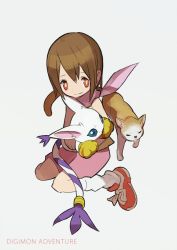 Rule 34 | 1girl, animal hands, bad id, bad pixiv id, blue eyes, brown hair, cat, collar, creature, digimon, digimon (creature), digimon adventure, gloves, hajime (hajime-ill-1st), holding, paw gloves, red eyes, scarf, short hair, shorts, smile, socks, tail, tail ornament, tail ring, tailmon, yagami hikari