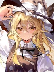 Rule 34 | 1girl, ame929, black hat, black vest, blonde hair, blush, bow, braid, closed mouth, collared shirt, hair between eyes, hat, hat bow, highres, kirisame marisa, long hair, looking at viewer, shirt, short sleeves, simple background, single braid, solo, touhou, upper body, vest, white background, white bow, white shirt, witch hat, yellow eyes