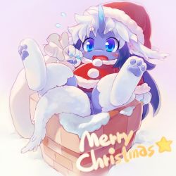 Rule 34 | 1girl, animal ears, animal hands, bag, black hair, blue eyes, blush, chimney, christmas, dress, english text, feet, female focus, flying sweatdrops, full body, fur trim, furry, furry female, hand up, hat, horns, long hair, long sleeves, looking at viewer, merry christmas, mizuki kotora, multicolored hair, open mouth, original, red dress, red hat, santa costume, santa hat, simple background, single horn, snow, solo, spread legs, stuck, tail, text focus, two-tone hair, white background, white hair