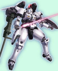 Rule 34 | arm cannon, beam saber, green background, gundam, gundam wing, highres, holding, holding sword, holding weapon, kimizuka aoi, mecha, mobile suit, no humans, robot, science fiction, shield, sword, tallgeese, thrusters, visor, weapon