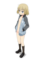 Rule 34 | 10s, 1girl, alternate costume, black socks, blonde hair, blue eyes, blush, coat, commentary request, convenient censoring, flat chest, full body, girls und panzer, hands in pockets, highres, jacket, katyusha (girls und panzer), kneehighs, loafers, long sleeves, looking at viewer, naked coat, naked jacket, navel, open clothes, shoes, short hair, shounan ruizu, socks, solo, standing, track jacket, trembling