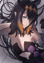 Rule 34 | 1girl, absurdres, animal ears, bare shoulders, bed sheet, betabeet, black dress, black gloves, black hair, blue eyes, blush, detached sleeves, dress, flat chest, fur collar, gloves, gradient hair, highres, hololive, hololive english, looking at viewer, mole, mole under eye, multicolored hair, ninomae ina&#039;nis, ninomae ina&#039;nis (1st costume), open mouth, orange hair, pointy ears, sheet grab, single detached sleeve, solo, strapless, strapless dress, tentacle hair, upper body, virtual youtuber