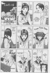 Rule 34 | 1boy, 1girl, comic, creepy, furuya usamaru, greyscale, happy, hard-translated, left-to-right manga, monochrome, outdoors, scared, scary, short cuts, skull, smile, third-party edit, translated, tree