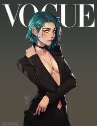 Rule 34 | 1girl, absurdres, asymmetrical hair, bags under eyes, between fingers, black choker, black suit, blush, breasts, choker, cigarette, collaboration, commentary, cover, ear piercing, earrings, english commentary, fake magazine cover, formal, green hair, grey background, hair ornament, hairclip, highres, holding, holding cigarette, huge filesize, jewelry, lipstick, magazine cover, makeup, mature female, mleth, necklace, no bra, nose, original, piercing, pink lips, ring, short hair, skirt, skirt suit, small breasts, smoking, solo, suit, vogue (magazine), whitney lanier, yellow eyes