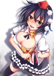Rule 34 | 1girl, :d, adjusting clothes, alternative facts in eastern utopia, ashiroku (miracle hinacle), black hair, black ribbon, black skirt, black thighhighs, blush, breasts, brown eyes, cleavage, cleavage cutout, clip studio paint (medium), clothing cutout, collared shirt, commentary request, cowboy shot, frilled skirt, frills, from above, happy, hat, highres, large breasts, leaf print, leaning forward, looking at viewer, miniskirt, neck ribbon, open mouth, pointy ears, pom pom (clothes), puffy short sleeves, puffy sleeves, red hat, ribbon, shameimaru aya, shirt, short hair, short sleeves, skirt, smile, solo, standing, thighhighs, tokin hat, touhou, upper body, white shirt, zettai ryouiki
