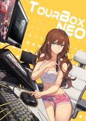 Rule 34 | 1girl, absurdres, amber (genshin impact), baek hyang, bare arms, bare shoulders, baron bunny (genshin impact), blue eyes, breasts, brown hair, camisole, chair, cleavage, closed mouth, computer, crop top, dolphin shorts, gaming chair, genshin impact, highres, holding, large breasts, long hair, looking at viewer, midriff, navel, original, pink shorts, shirt, short shorts, shorts, sitting, sleeveless, sleeveless shirt, solo, spaghetti strap, stomach, stylus, swivel chair, thighs, white shirt