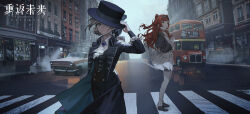 Rule 34 | 2girls, aristocratic clothes, black coat, blonde hair, brooch, building, bus, car, coat, double-decker bus, dress, fog, formal, frilled dress, frills, green eyes, hat, hat over one eye, highres, jewelry, logo, london, motor vehicle, multiple girls, official art, one eye covered, outdoors, red hair, reflection, reverse:1999, road, sonetto (reverse:1999), standing, steam, street, suit, thighhighs, tuxedo, vertin (reverse:1999), white thighhighs, yellow eyes, yetecong
