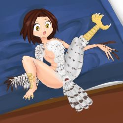 Rule 34 | :o, animal feet, ass, barefoot, bed, bed sheet, bird legs, bird tail, bird wings, blush, breasts, brown feathers, brown hair, claws, cloaca, eyebrows hidden by hair, feathered wings, feathers, feet, from above, harpy, legs, legs up, looking down, lying, monster girl, nipples, noiraada, on back, on bed, open mouth, original, pussy, scales, shiny skin, short hair, small breasts, spots, spread legs, tail, talons, thighs, transformation, white feathers, wings, yellow eyes