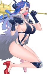 Rule 34 | 1girl, blue cape, blue hair, blue horns, breasts, cape, club, club (weapon), covered mouth, curled horns, dark blue gloves, dinosaur girl, fur cape, high heels, horns, knee pads, large breasts, long hair, mask, mouth mask, multicolored hair, one eye closed, one piece, pink eyes, pink hair, pink mask, raine (acke2445), red footwear, revealing clothes, simple background, solo, spiked club, streaked hair, ulti (one piece), weapon, white background