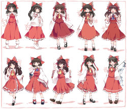 Rule 34 | 1girl, :d, ;), ^ ^, ascot, black eyes, black hair, bow, commentary request, comparison, detached sleeves, evolution, closed eyes, frills, gohei, hair bow, hair ribbon, hair tubes, hakurei reimu, hammer (sunset beach), highres, holding, loafers, long hair, looking at viewer, mary janes, md5 mismatch, nontraditional miko, one eye closed, open mouth, ponytail, ribbon, ribbon-trimmed sleeves, ribbon trim, shoes, short hair, smile, socks, touhou, white legwear, wide sleeves, wink