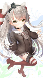 Rule 34 | 10s, 1girl, amatsukaze (kancolle), at-yui, bad id, bad pixiv id, blush, brown eyes, dress, garter straps, highres, kantai collection, long hair, looking at viewer, personification, red thighhighs, sailor dress, silver hair, solo, striped clothes, striped thighhighs, thighhighs, twintails, two side up