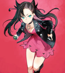 Rule 34 | 1girl, aqua eyes, asymmetrical bangs, backpack, bag, black footwear, black hair, black jacket, black nails, boots, closed mouth, commentary request, creatures (company), dress, dusk ball, game freak, hair ribbon, highres, holding, holding poke ball, jacket, knee boots, leaning forward, long hair, long sleeves, looking at viewer, marnie (pokemon), nail polish, nintendo, nishiide kengorou, open clothes, open jacket, pink dress, poke ball, pokemon, pokemon swsh, red background, red ribbon, ribbon, solo, standing, standing on one leg, twintails