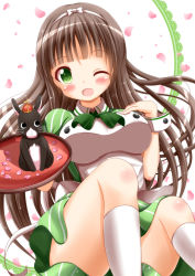Rule 34 | 1girl, ;d, animal, anko (gochiusa), blunt bangs, bow, bowtie, breasts, brown hair, commentary request, convenient leg, crescent, crown, doily, dress, gochuumon wa usagi desu ka?, green dress, green eyes, green neckwear, highres, holding, holding tray, kneehighs, large breasts, long hair, mini crown, one eye closed, open mouth, petals, puffy short sleeves, puffy sleeves, rabbit, short sleeves, smile, socks, tray, ujimatsu chiya, white background, white socks, xenon (for achieve)