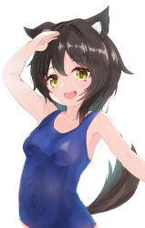 Rule 34 | 1girl, :d, absurdres, animal ear fluff, animal ears, arm up, bare arms, bare shoulders, black hair, blue one-piece swimsuit, blush, breasts, brown eyes, clip studio paint (medium), collarbone, commentary request, covered navel, hair between eyes, hair intakes, highres, maru shion, one-piece swimsuit, open mouth, original, salute, school swimsuit, simple background, small breasts, smile, solo, swimsuit, tail, teeth, upper teeth only, white background