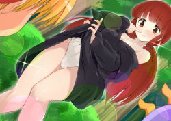 Rule 34 | 1boy, 1girl, amasora taichi, bare shoulders, black cloak, brown eyes, brown hair, cloak, clothes lift, day, dress, dress lift, dutch angle, eye contact, forest, headband, kukuri (mahoujin guruguru), legs together, lens flare, long hair, looking at another, mahoujin guruguru, nature, nike (mahoujin guruguru), outdoors, panties, pointing, pointing at self, smile, sparkle, standing, underwear