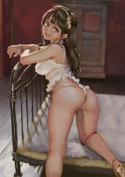 Rule 34 | 1girl, aro (charged time out), ass, bed, blue eyes, brown hair, g-string, hairband, high heels, hospital bed, jpeg artifacts, kneeling, lingerie, lips, long hair, looking at viewer, looking back, panties, parted lips, sandals, smile, solo, thong, underwear