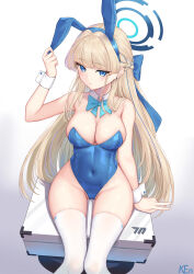 Rule 34 | 1girl, absurdres, animal ears, arm at side, artist name, bare shoulders, blonde hair, blue archive, blue bow, blue eyes, blue hairband, blue leotard, bow, bowtie, braid, breasts, cleavage, closed mouth, covered navel, detached collar, earrings, fake animal ears, groin, hair bow, hairband, halo, hand on headwear, highleg, highleg leotard, highres, jewelry, ken-san, leotard, long hair, medium breasts, official alternate costume, official alternate hairstyle, playboy bunny, rabbit ears, sitting, solo, stud earrings, thighhighs, thighs, toki (blue archive), toki (bunny) (blue archive), v, very long hair, white thighhighs, wide hips, wrist cuffs
