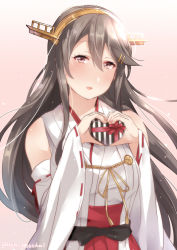 Rule 34 | 1girl, :d, bad id, bad pixiv id, bare shoulders, bloom, blush, commentary request, detached sleeves, eye color request, hair between eyes, half-closed eyes, hands up, haruna (kancolle), head tilt, headgear, heart, heart hands, holding, juurouta, kantai collection, long hair, long sleeves, looking at viewer, open mouth, ribbon-trimmed sleeves, ribbon trim, smile, solo, upper body, valentine, very long hair, white sleeves, wide sleeves