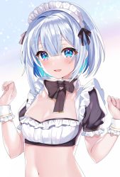 Rule 34 | 1girl, alternate costume, amane kanata, aqua hair, bad id, bad twitter id, black bow, black bowtie, blue eyes, blue hair, blush, bob cut, bow, bowtie, breasts, cleavage, colored inner hair, commentary, crop top, enmaided, hair between eyes, highres, hololive, looking at viewer, maid, maid headdress, midriff, motsunuki, multicolored hair, navel, open mouth, short hair, short sleeves, silver hair, simple background, small breasts, smile, solo, streaked hair, upper body, virtual youtuber, white background, wrist cuffs