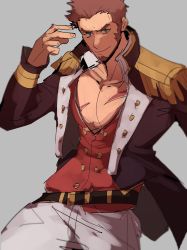 Rule 34 | 1boy, beard, belt, blue eyes, brown hair, epaulettes, facial hair, fate/grand order, fate (series), highres, kendy (revolocities), long sideburns, long sleeves, looking at viewer, male focus, military, military uniform, muscular, napoleon bonaparte (fate), open clothes, pants, pectorals, scar, simple background, sketch, smile, smirk, solo, uniform