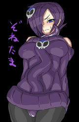 Rule 34 | 1girl, bad id, bad tumblr id, bare shoulders, between breasts, black pantyhose, blue eyes, blush, borrowed character, breasts, dress, hair ornament, hair over one eye, hentai key, highres, large breasts, long hair, off-shoulder, off-shoulder sweater, off shoulder, original, pantyhose, purple hair, skull hair ornament, solo, sweatdrop, sweater, sweater dress, tentacles, tentacles under clothes, translation request, usukawa, zone-tan