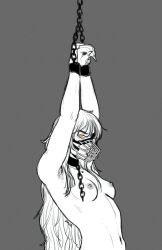 Rule 34 | 1girl, alecto (the locked tomb), armpit hair, armpits, arms up, artist name, bound, bound wrists, breasts, chain, closed mouth, collar, cuffs, dmsr, from side, grey background, greyscale, highres, long hair, looking at viewer, monochrome, muzzle, navel, nude, restrained, shackles, sideways glance, simple background, small breasts, solo, spot color, the locked tomb, topless, upper body, yellow eyes