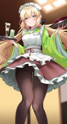 Rule 34 | 1girl, @ @, ahoge, alternate costume, apron, artoria caster (fate), artoria pendragon (fate), blonde hair, blush, bow, breasts, cup, drink, fate/grand order, fate (series), frilled apron, frills, green eyes, hair between eyes, highres, holding, holding tray, ichi kq, japanese clothes, kimono, long hair, long sleeves, looking at viewer, maid, maid apron, maid headdress, medium breasts, pantyhose, skirt, smile, solo, sweat, tray, twintails, wa maid, white apron, wide sleeves