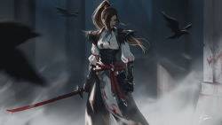 Rule 34 | 1girl, akane sgail, bird, blood, blood on clothes, bloody weapon, brown hair, closed eyes, gloves, jewelry, katana, lips, long hair, motion blur, original, pendant, ponytail, raikoart, signature, solo, standing, sword, weapon, wind