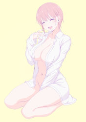 Rule 34 | 1girl, :d, ^ ^, blush, bottomless, breasts, closed eyes, collarbone, collared shirt, dress shirt, go-toubun no hanayome, large breasts, nakano ichika, naked shirt, navel, no bra, open clothes, open mouth, open shirt, othel (hatimorris), pink hair, shirt, short hair, simple background, sitting, smile, solo, teeth, upper teeth only, white shirt