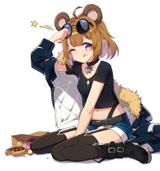 Rule 34 | 1girl, aged down, ahoge, animal ears, bear ears, brown hair, child, collar, doughnut, eyewear on head, food, full body, fur trim, garter straps, girls&#039; frontline, glasses, grizzly mkv (girls&#039; frontline), grizzly mkv (teddy transform!) (girls&#039; frontline), highres, jacket, looking at viewer, narynn, official alternate costume, one eye closed, purple eyes, shorts, sitting, smile, solo, thighhighs, white background