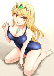 Rule 34 | 1girl, ass, blonde hair, breasts, cameltoe, cleavage, feet, full body, gem, gradient background, hair ornament, hand on floor, headpiece, highres, jewelry, kuro (be ok), large breasts, legs, long hair, looking at viewer, mythra (xenoblade), nintendo, one-piece swimsuit, open mouth, sand, shadow, simple background, sitting, smile, solo, swept bangs, swimsuit, teasing, thighs, tiara, very long hair, wet, xenoblade chronicles (series), xenoblade chronicles 2, yellow eyes