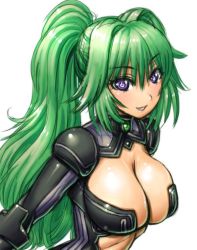 Rule 34 | 1girl, amania orz, blush, bodysuit, breasts, cleavage, elbow gloves, gloves, green hair, green heart (neptunia), kami jigen game neptune v, large breasts, leotard, long hair, looking at viewer, midriff, navel, neptune (series), ponytail, purple eyes, shiny clothes, shiny skin, simple background, smile, solo, stomach, symbol-shaped pupils, upper body, vert (neptunia), very long hair, white background