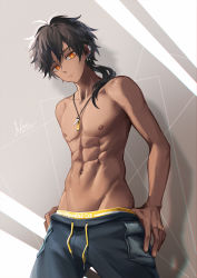 Rule 34 | 1boy, abs, arknights, bare arms, bare pectorals, bare shoulders, black hair, closed mouth, clothes pull, commentary request, dark-skinned male, dark skin, highres, koe (mixpi), looking at viewer, male focus, muscular, muscular male, navel, nipples, no shirt, pants, pants pull, pectorals, ponytail, pulled by self, short hair with long locks, solo, thorns (arknights), topless male, undressing, yellow eyes