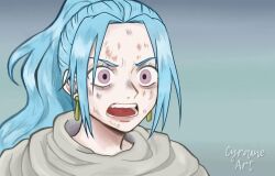 Rule 34 | 1girl, artist name, blue hair, cyraine, deep wound, earrings, grey eyes, high ponytail, injury, jewelry, long hair, nefertari vivi, one piece, open mouth, ponytail, solo, teeth, upper body, v-shaped eyebrows