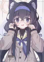 Rule 34 | 1girl, animal ears, black eyes, black hair, blue archive, blue hairband, blue neckerchief, cardigan, cat ears, commentary, glasses, grey cardigan, hairband, halo, highres, jewelry, long hair, long sleeves, looking at viewer, nalphanne, neckerchief, necklace, open mouth, round eyewear, sailor collar, school uniform, serafuku, smile, solo, ui (blue archive), white sailor collar