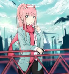 Rule 34 | 10s, 1girl, absurdres, adore (adoredesu), aqua eyes, bird, black pants, blurry, blurry background, candy, cellphone, cityscape, cloud, cloudy sky, darling in the franxx, food, hairband, highres, holding, holding food, holding phone, horns, jacket, lollipop, long hair, pants, phone, pink hair, ponytail, red scarf, scarf, shirt, sky, solo, standing, tongue, tongue out, white hairband, white shirt, zero two (darling in the franxx)