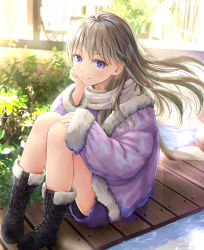 Rule 34 | 1girl, akasaka asa, black footwear, blue eyes, blush, boots, brown hair, bush, closed mouth, coat, commentary request, day, floating hair, full body, fur-trimmed boots, fur-trimmed sleeves, fur trim, grey scarf, hand on own cheek, hand on own face, hand on own knee, highres, knee boots, knees up, long hair, long sleeves, looking at viewer, original, purple coat, purple shorts, scarf, shorts, sitting, smile, solo, sunlight, water, wins, winter clothes, winter coat
