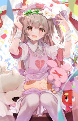 Rule 34 | &gt; &lt;, 1girl, :d, animal, animal on lap, apron, armband, blush, cat, center frills, collared dress, commentary request, confetti, dog, dress, frills, hair ornament, hands up, hat, head wreath, heart, heart print, highres, light brown hair, long hair, looking at viewer, natori sana, nekozya1, nurse cap, on lap, open mouth, orange eyes, pink apron, pink hat, puffy short sleeves, puffy sleeves, rabbit hair ornament, red armband, sana channel, short sleeves, sitting, sleeping, smile, solo, stuffed animal, stuffed rabbit, stuffed toy, thighhighs, tongue, tongue out, two side up, virtual youtuber, white dress, white thighhighs