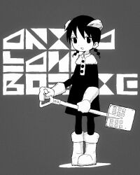 Rule 34 | 1girl, akita (akitaland gothic), akitaland gothic, braid, buttons, collared dress, commentary request, copyright name, dress, full body, greyscale, half-closed eyes, holding, holding shovel, horns, jaggy lines, long sleeves, miniskirt, monochrome, open mouth, screentones, short hair, shovel, skirt, sleeve cuffs, smile, snow boots, snow shovel, solo, standing, text background, twin braids, two-handed, yamanosinden