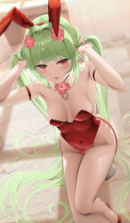 Rule 34 | 1girl, :p, animal ears, arm strap, bare shoulders, blurry, blurry background, blush, breasts, cleavage, closed mouth, commentary request, covered navel, detached collar, fake animal ears, fouriasensei, green hair, hairband, highres, leotard, long hair, medium breasts, one eye closed, original, playboy bunny, rabbit ears, red eyes, red footwear, red hairband, red leotard, sitting, smile, solo, thighs, tongue, tongue out