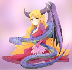 Rule 34 | 1girl, bad id, bad pixiv id, blonde hair, dragon girl, hand fan, horns, lilith (p&amp;d), long hair, monster girl, pink eyes, pointy ears, puzzle &amp; dragons, simple background, sitting, snake, solo, takumi rin, wings