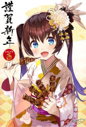Rule 34 | 1girl, :d, between fingers, blue eyes, blush, brown hair, commentary request, flower, food, gaou (umaiyo puyoman), hair flower, hair ornament, happy new year, holding, japanese clothes, kanzashi, kimono, long hair, long sleeves, looking at viewer, nengajou, new year, obi, open mouth, original, sash, signature, skewer, smile, solo, twintails, upper body, wide sleeves, yakitori